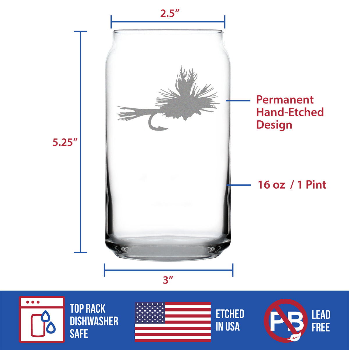 Fly Fishing Beer Can Pint Glass - Unique Flyfishing Themed Gifts for Fishermen - 16 oz Glasses