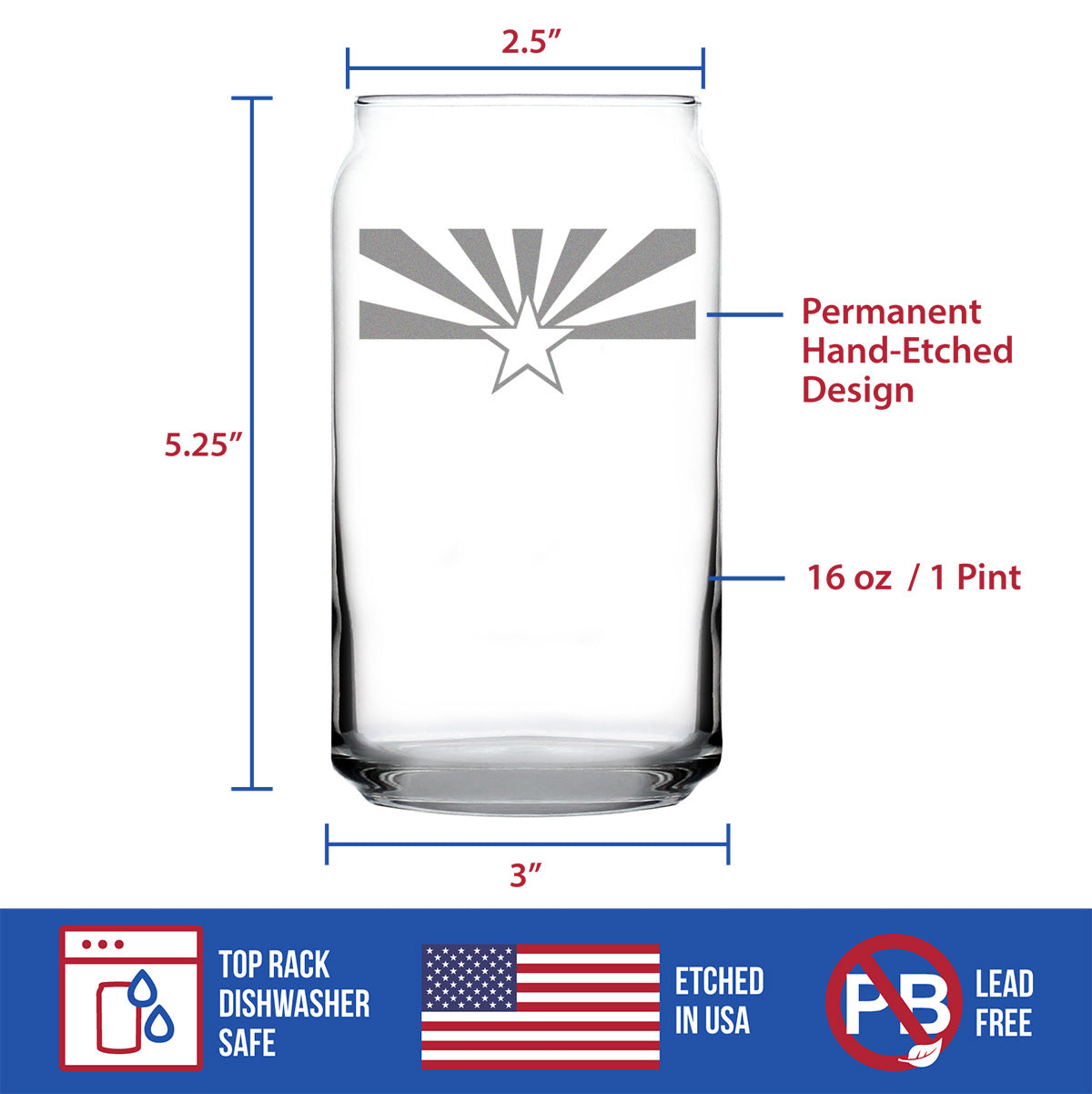 Arizona Flag Beer Can Pint Glass - State Themed Drinking Decor and Gifts for Arizonan Women &amp; Men - 16 Oz Glasses