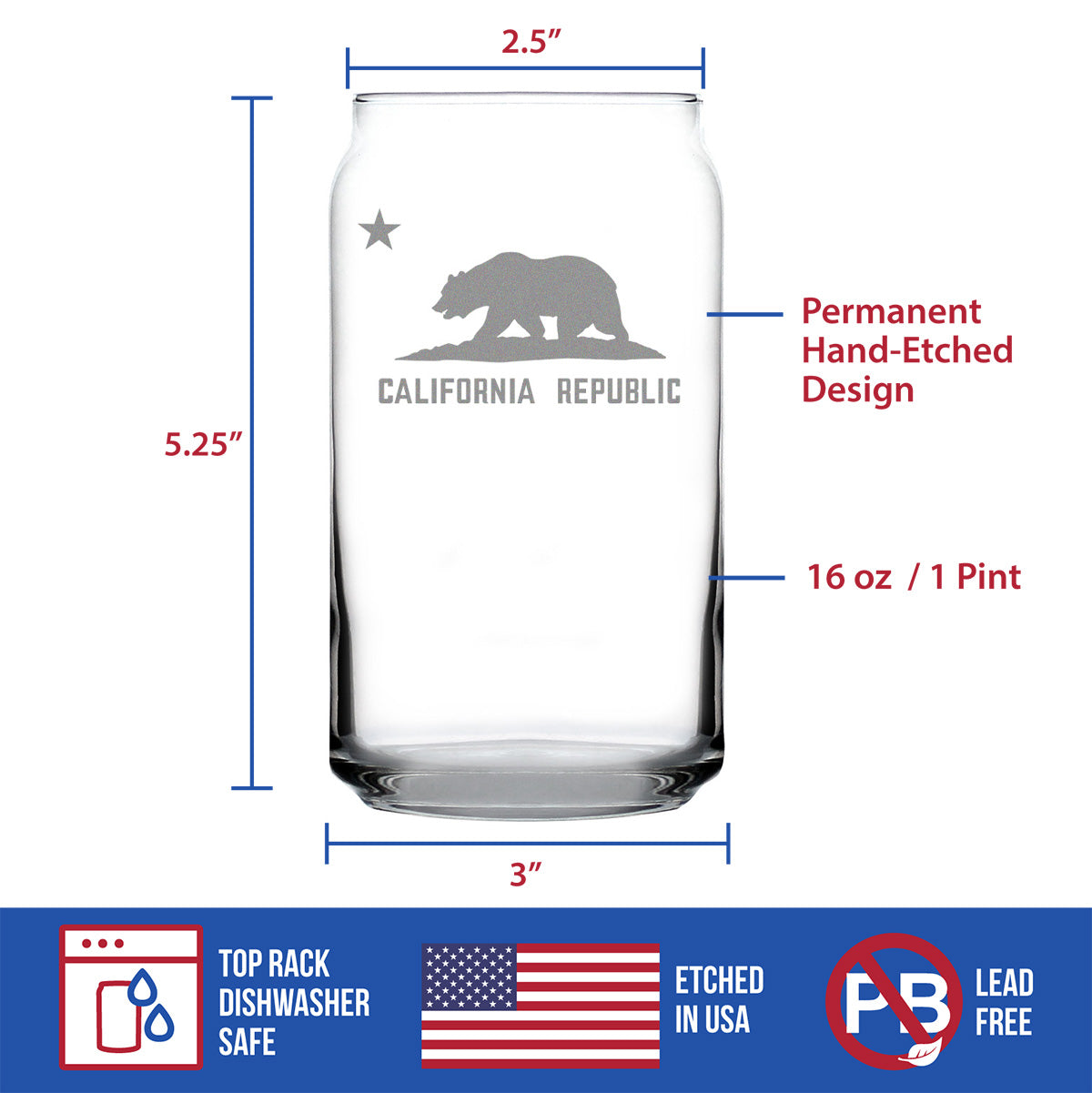 California Flag Beer Can Pint Glass - State Themed Drinking Decor and Gifts for Californian Women &amp; Men - 16 Oz Glasses