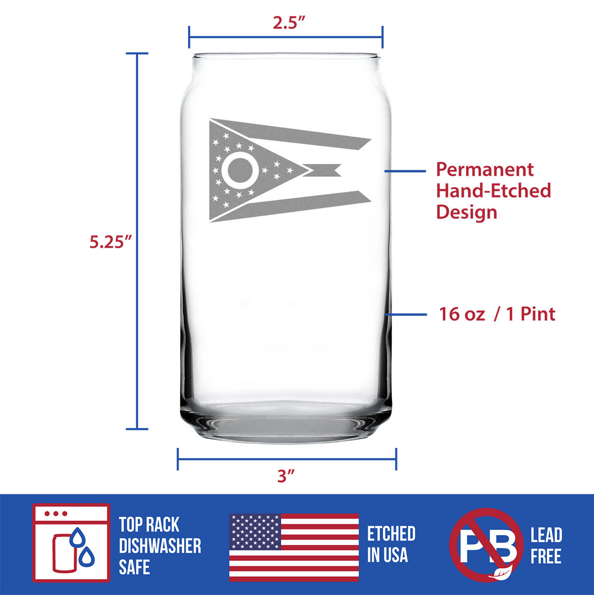 Ohio Flag Beer Can Pint Glass - State Themed Drinking Decor and Gifts for Ohioan Women &amp; Men - 16 Oz Glasses