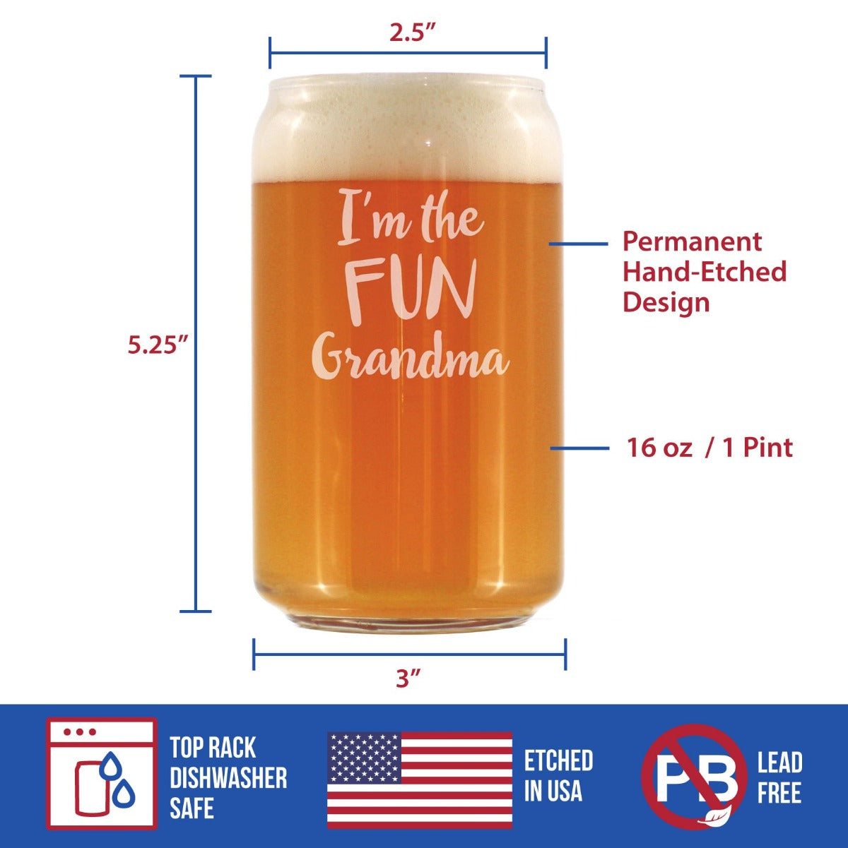 Fun Grandma - Funny Beer Can Pint Glass Gift for Grandmothers - Cute Engraved Glasses for Grandparents - 16 oz
