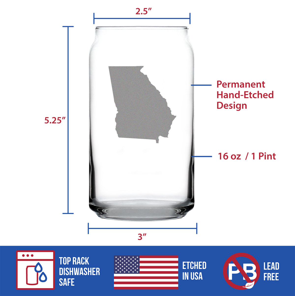 Georgia State Outline Beer Can Pint Glass - State Themed Drinking Decor and Gifts for Georgian Women &amp; Men - 16 Oz Glasses