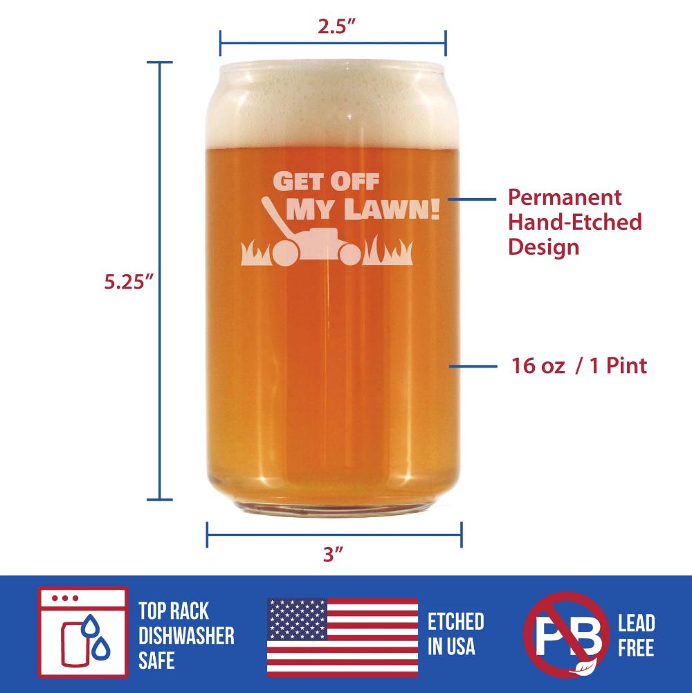 Get Off My Lawn - Funny Beer Can Pint Glass - Birthday Gifts for Men or Women Getting Older - Fun Bday Party Décor - 16 oz