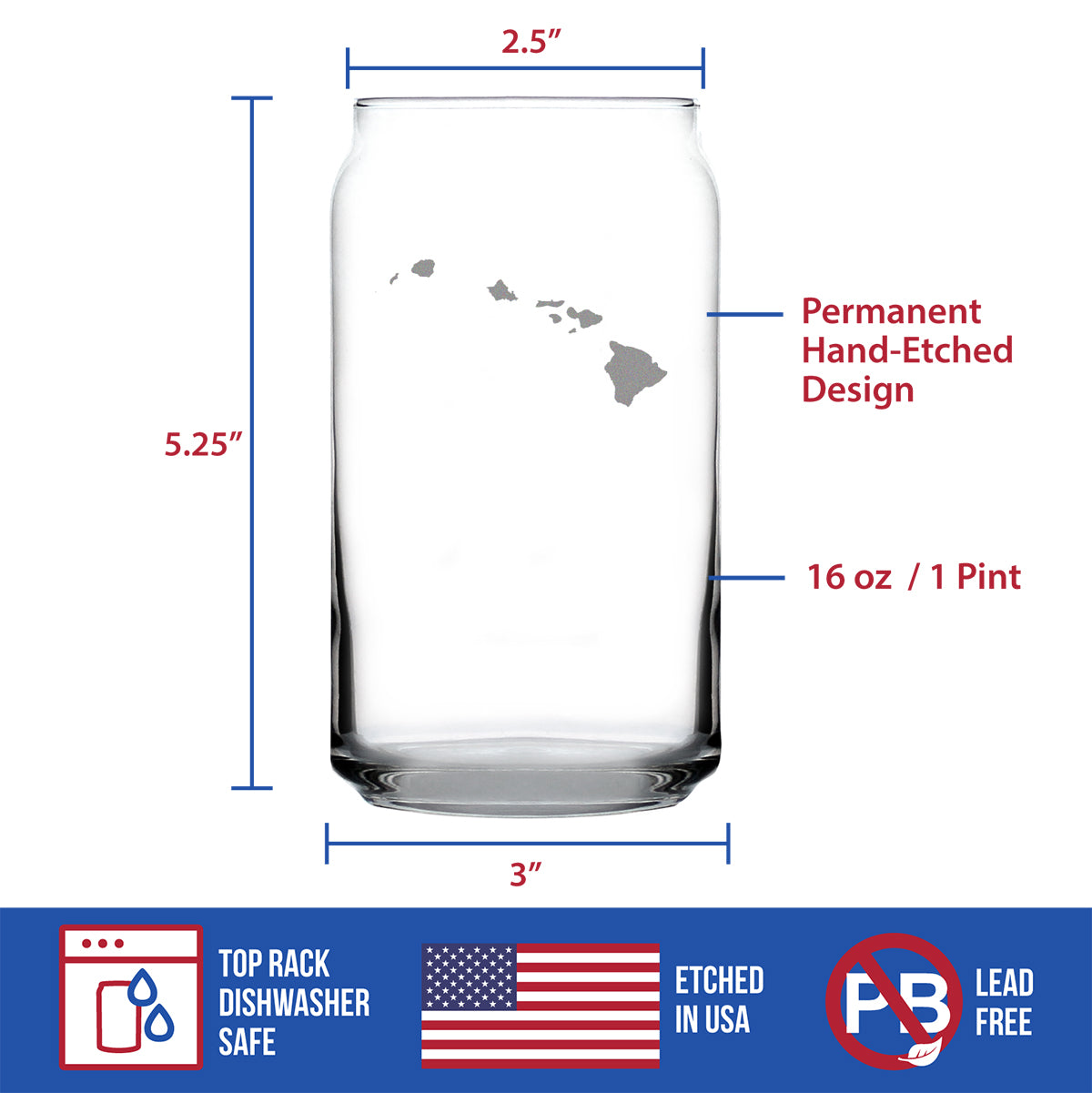 Hawaii State Outline Beer Can Pint Glass - State Themed Drinking Decor and Gifts for Hawaiian Women &amp; Men - 16 Oz Glasses