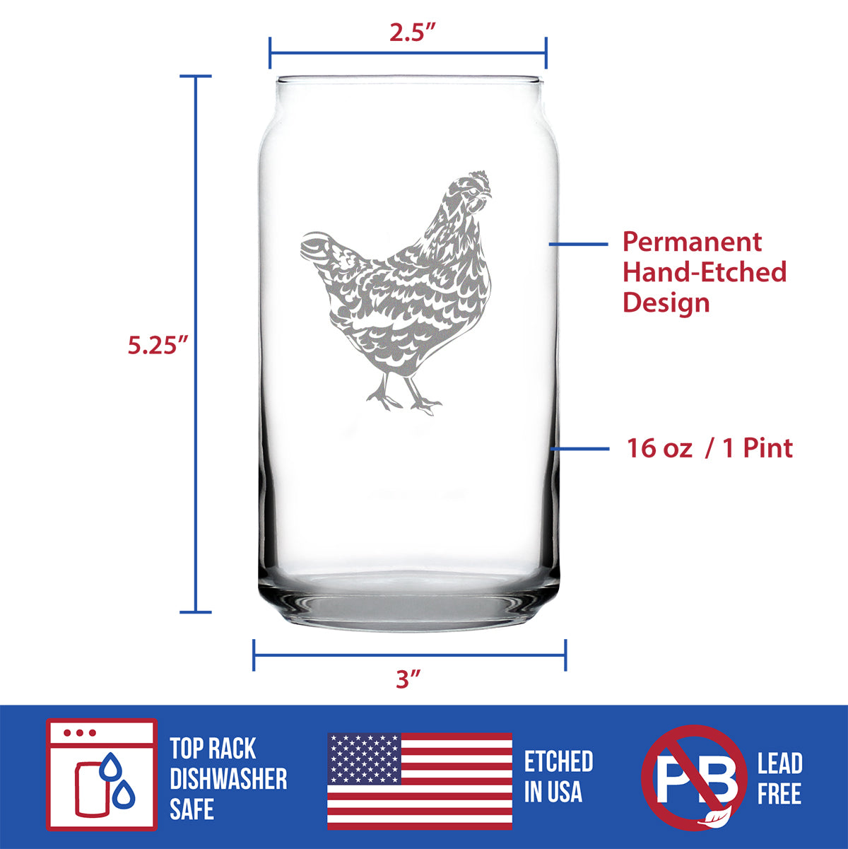 Hen - Cute Funny Beer Can Pint Glass, Etched Sayings - Cute Farmhouse Decor Gifts for Lovers of Hens, Chickens, and Beer