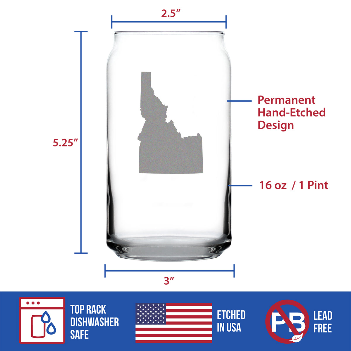 Idaho State Outline Beer Can Pint Glass - State Themed Drinking Decor and Gifts for Idahoan Women &amp; Men - 16 Oz Glasses