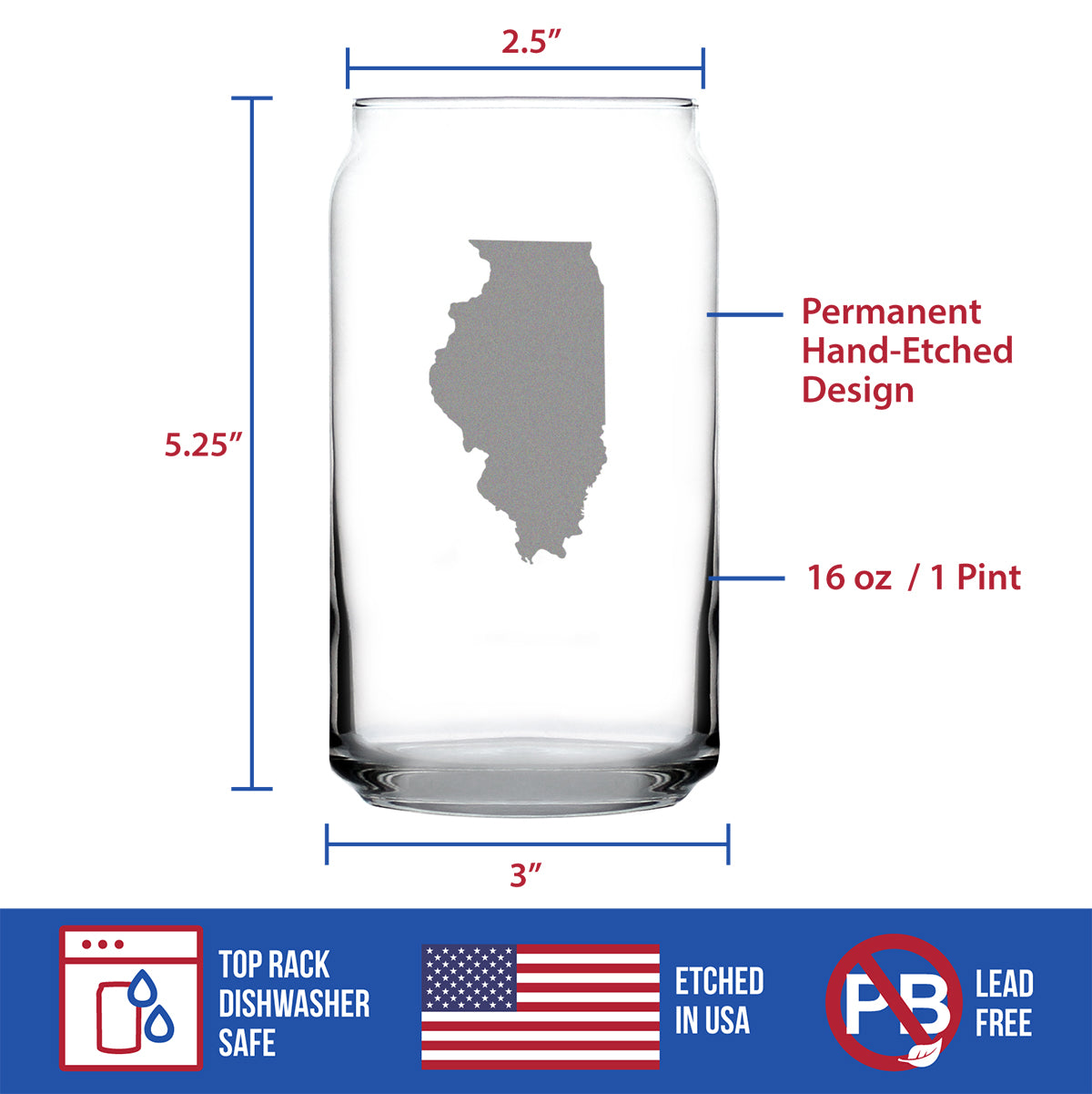 Illinois State Outline Beer Can Pint Glass - State Themed Drinking Decor and Gifts for Illinoisan Women &amp; Men - 16 Oz Glasses