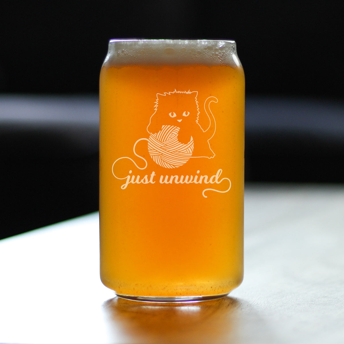 Just Unwind - Beer Can Pint Glass - Funny Kitten Themed Gifts for Cat Lovers Who Knit and Crochet - 16 Oz Glasses