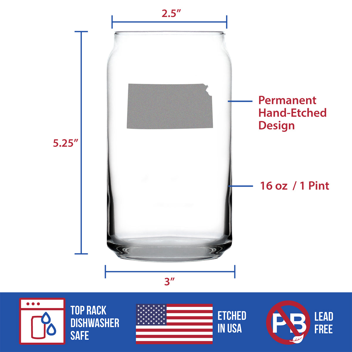 Kansas State Outline Beer Can Pint Glass - State Themed Drinking Decor and Gifts for Kansan and Jayhawker Women & Men - 16 Oz Glasses