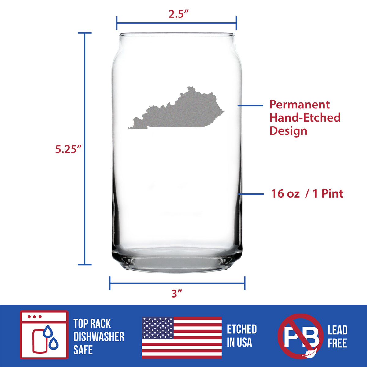 Kentucky State Outline Beer Can Pint Glass - State Themed Drinking Decor and Gifts for Kentuckian Women &amp; Men - 16 Oz Glasses