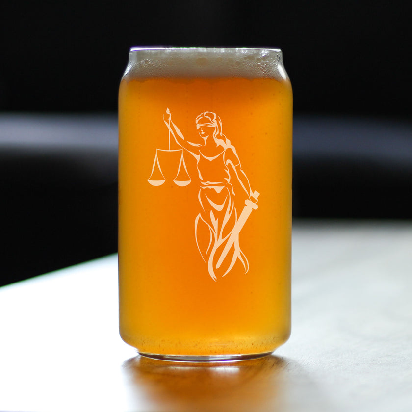 Lady Justice Beer Can Pint Glass - Lawyers and Attorneys Themed Gifts or Party Décor for Women and Men - 16 oz Glasses
