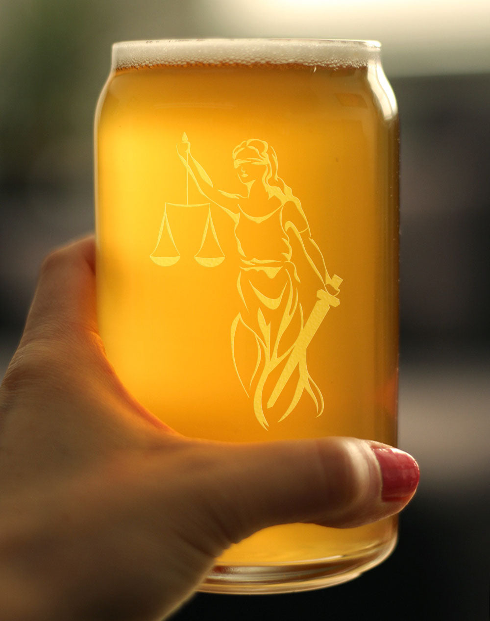Lady Justice Beer Can Pint Glass - Lawyers and Attorneys Themed Gifts or Party Décor for Women and Men - 16 oz Glasses