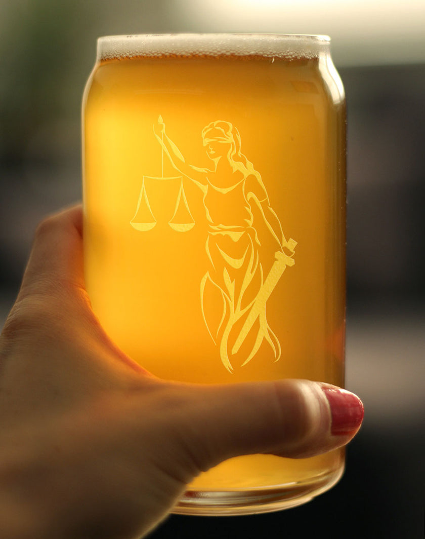 Lady Justice Beer Can Pint Glass - Lawyers and Attorneys Themed Gifts or Party Décor for Women and Men - 16 oz Glasses