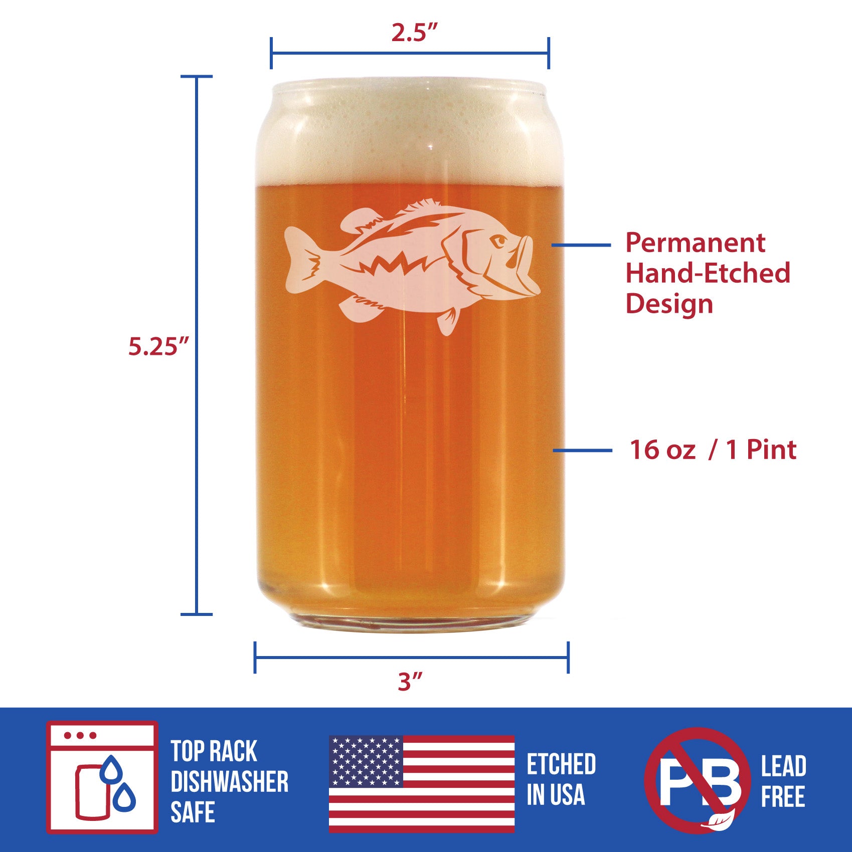 Largemouth Bass - Beer Can Pint Glass - Bass Fishing Gifts for Fisherman - Fun Fish Cups & Lake House Decor - 16 oz