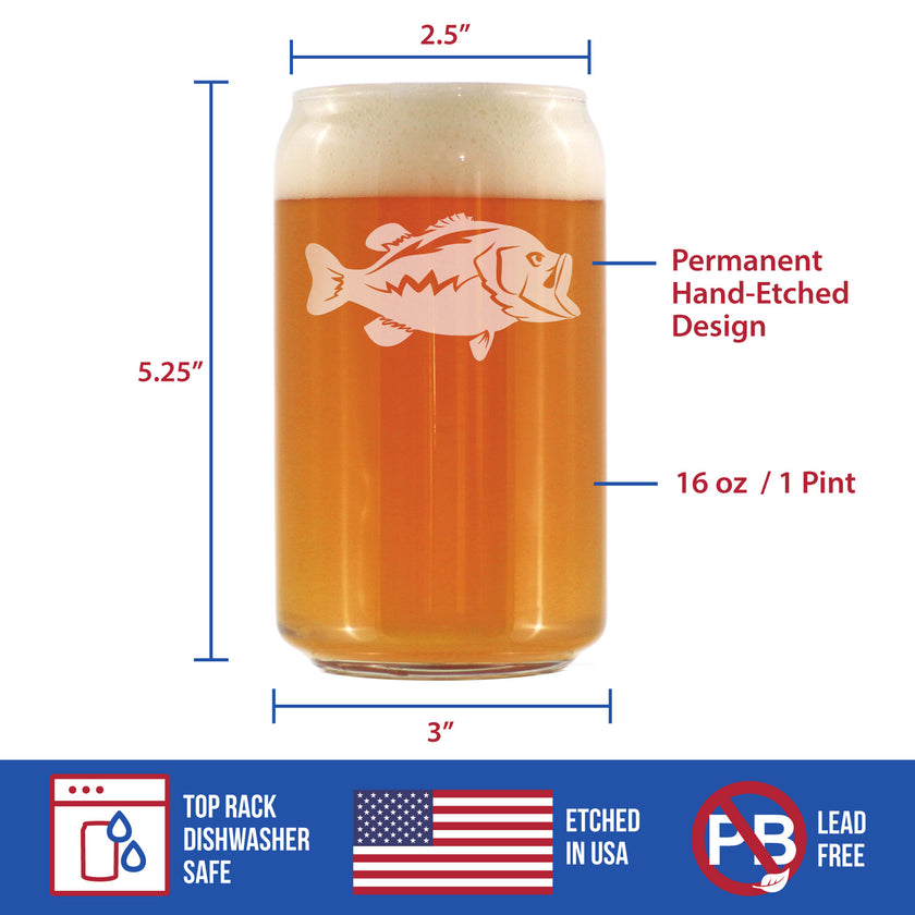 Largemouth Bass - Beer Can Pint Glass - Bass Fishing Gifts for Fisherman - Fun Fish Cups & Lake House Decor - 16 oz