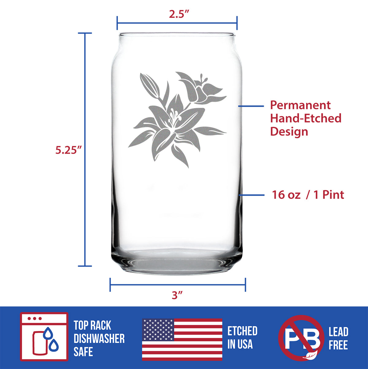 Lily Beer Can Pint Glass - Floral Themed Decor and Gifts for Flower Lovers - 16 oz Glasses