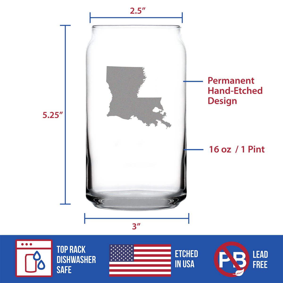 Louisiana State Outline Beer Can Pint Glass - State Themed Drinking Decor and Gifts for Louisianian Women &amp; Men - 16 Oz Glasses