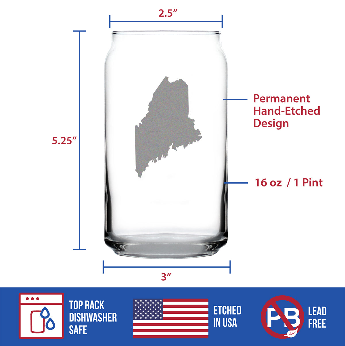 Maine State Outline Beer Can Pint Glass - State Themed Drinking Decor and Gifts for Mainer Women &amp; Men - 16 Oz Glasses