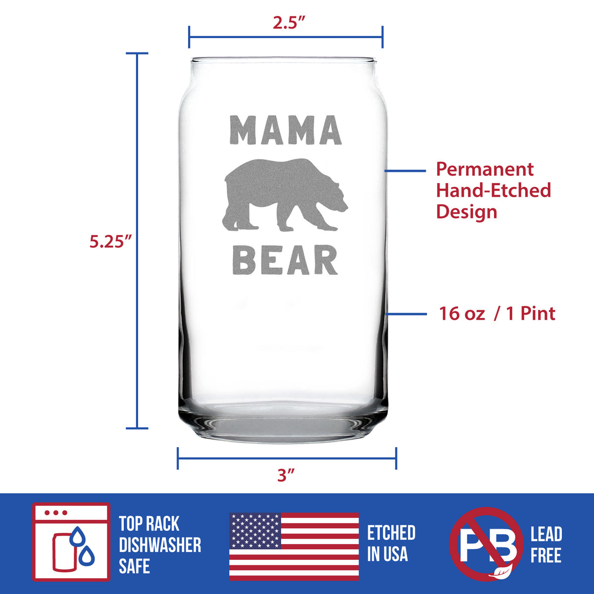 Mama Bear Beer Can Pint Glass - Cute Funny Mom Gift Ideas for Mother&#39;s Day or Birthday - 16 Oz Glasses