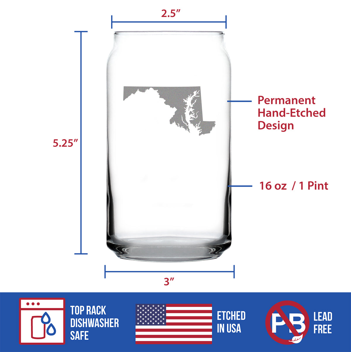 Maryland State Outline Beer Can Pint Glass - State Themed Drinking Decor and Gifts for Marylander Women &amp; Men - 16 Oz Glasses