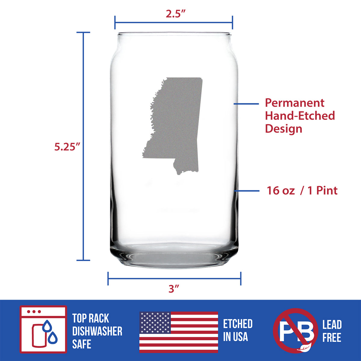 Mississippi State Outline Beer Can Pint Glass - State Themed Drinking Decor and Gifts for Mississippian Women &amp; Men - 16 Oz Glasses