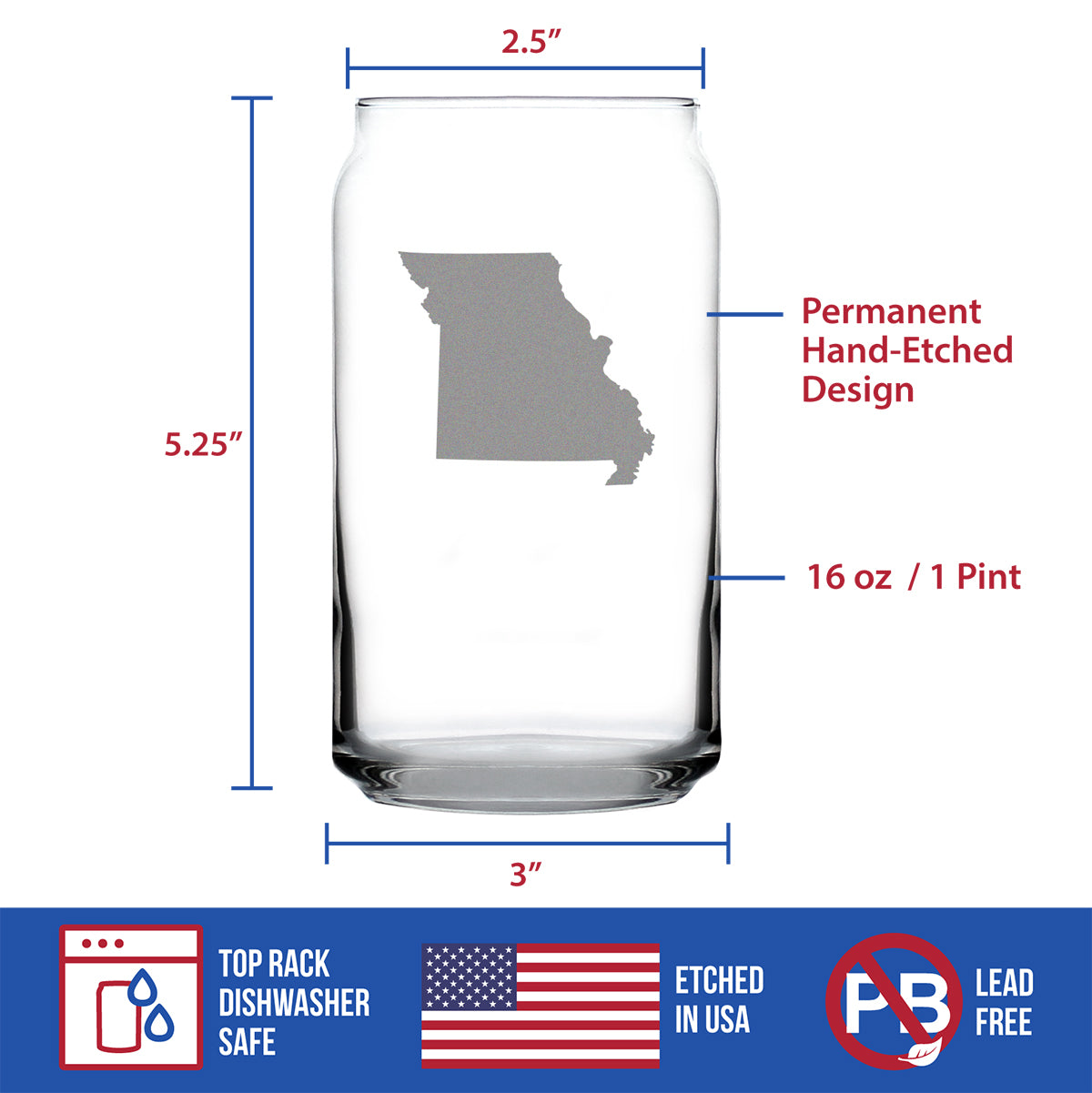 Missouri State Outline Beer Can Pint Glass - State Themed Drinking Decor and Gifts for Missourian Women &amp; Men - 16 Oz Glasses