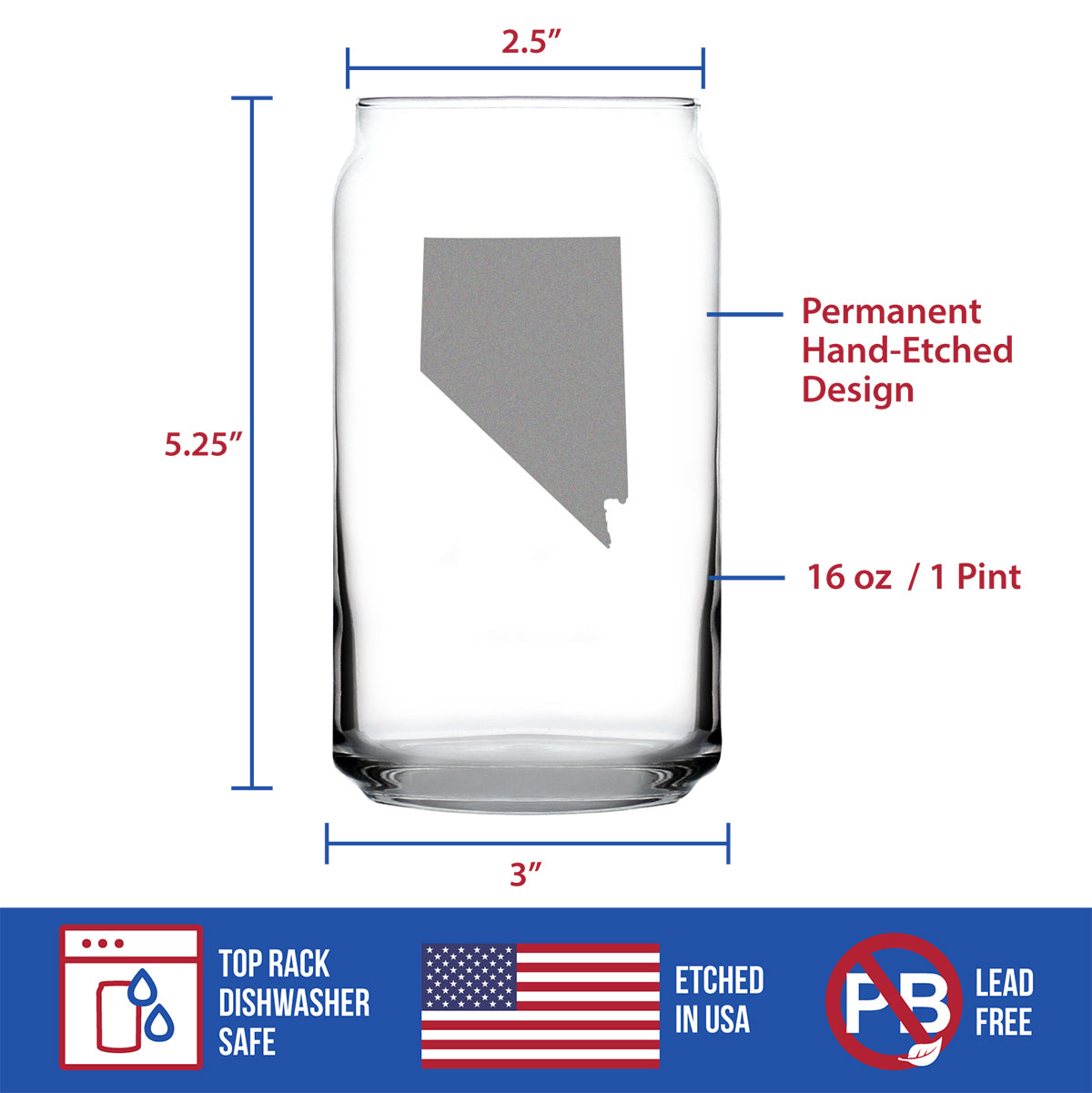 Nevada State Outline Beer Can Pint Glass - State Themed Drinking Decor and Gifts for Nevadan Women &amp; Men - 16 Oz Glasses