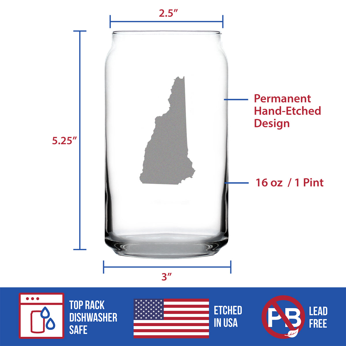 New Hampshire State Outline Beer Can Pint Glass - State Themed Drinking Decor and Gifts for New Hampshirite Women &amp; Men - 16 Oz Glasses