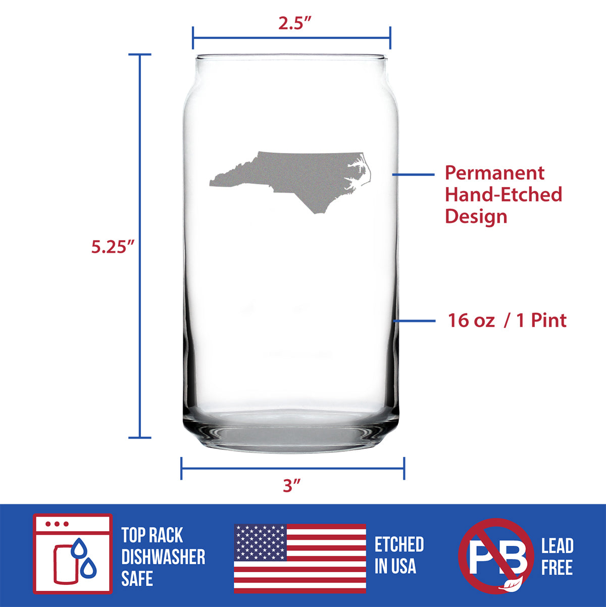 North Carolina State Outline Beer Can Pint Glass - State Themed Drinking Decor and Gifts for North Carolinian Women &amp; Men - 16 Oz Glasses