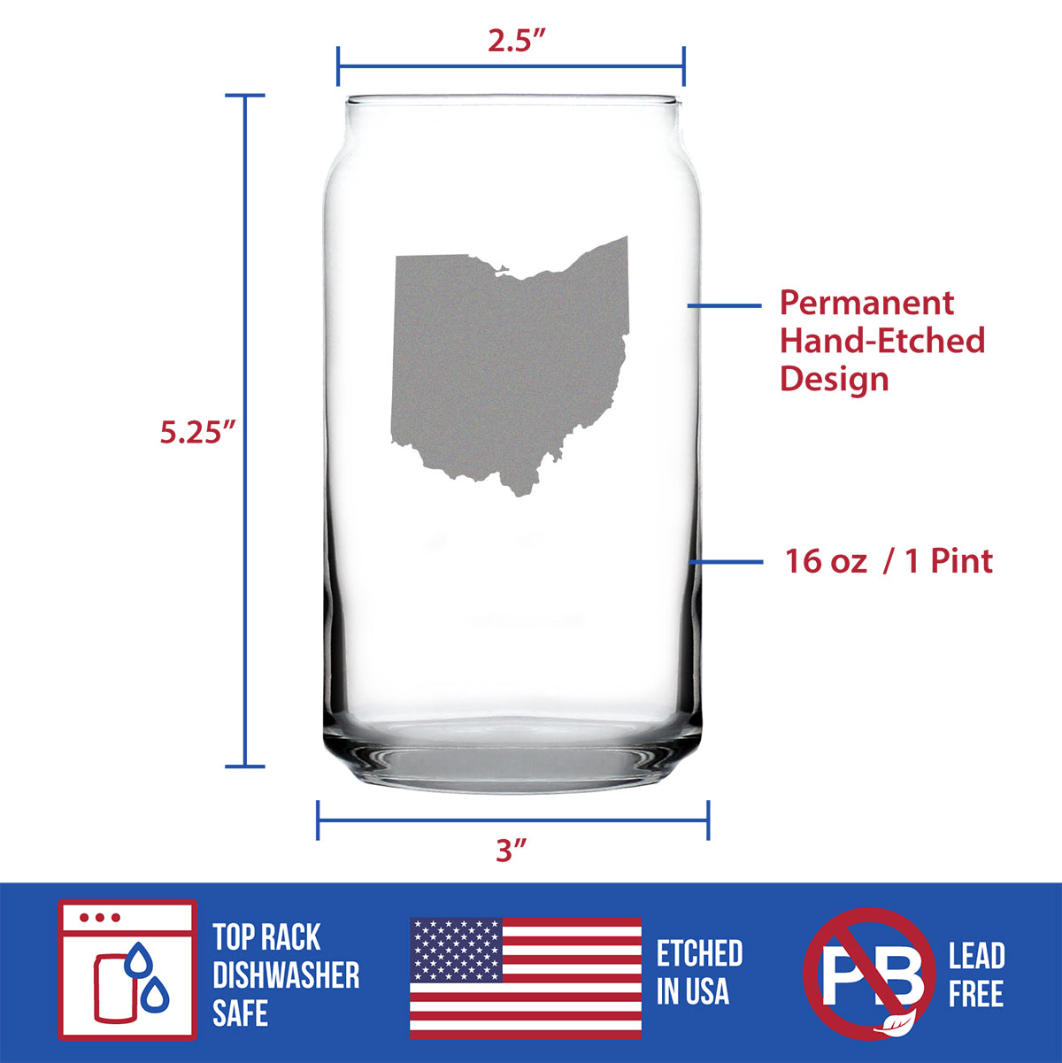 Ohio State Outline Beer Can Pint Glass - State Themed Drinking Decor and Gifts for Ohioan Women &amp; Men - 16 Oz Glasses