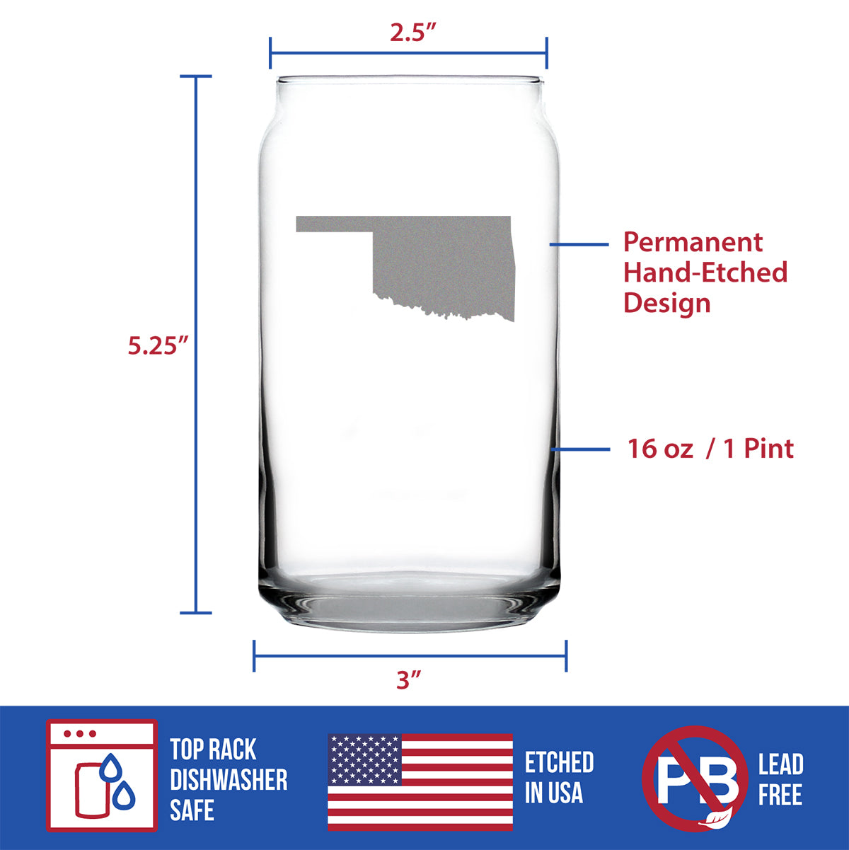 Oklahoma State Outline Beer Can Pint Glass - State Themed Drinking Decor and Gifts for Oklahoman Women &amp; Men - 16 Oz Glasses