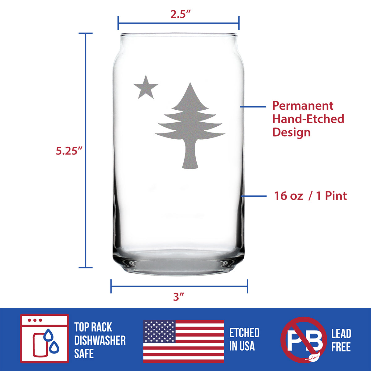 Old Maine Flag Beer Can Pint Glass - Original 1901 State of Maine Flag Gifts for Women &amp; Men Mainers - 16 Oz Can Shaped Glasses
