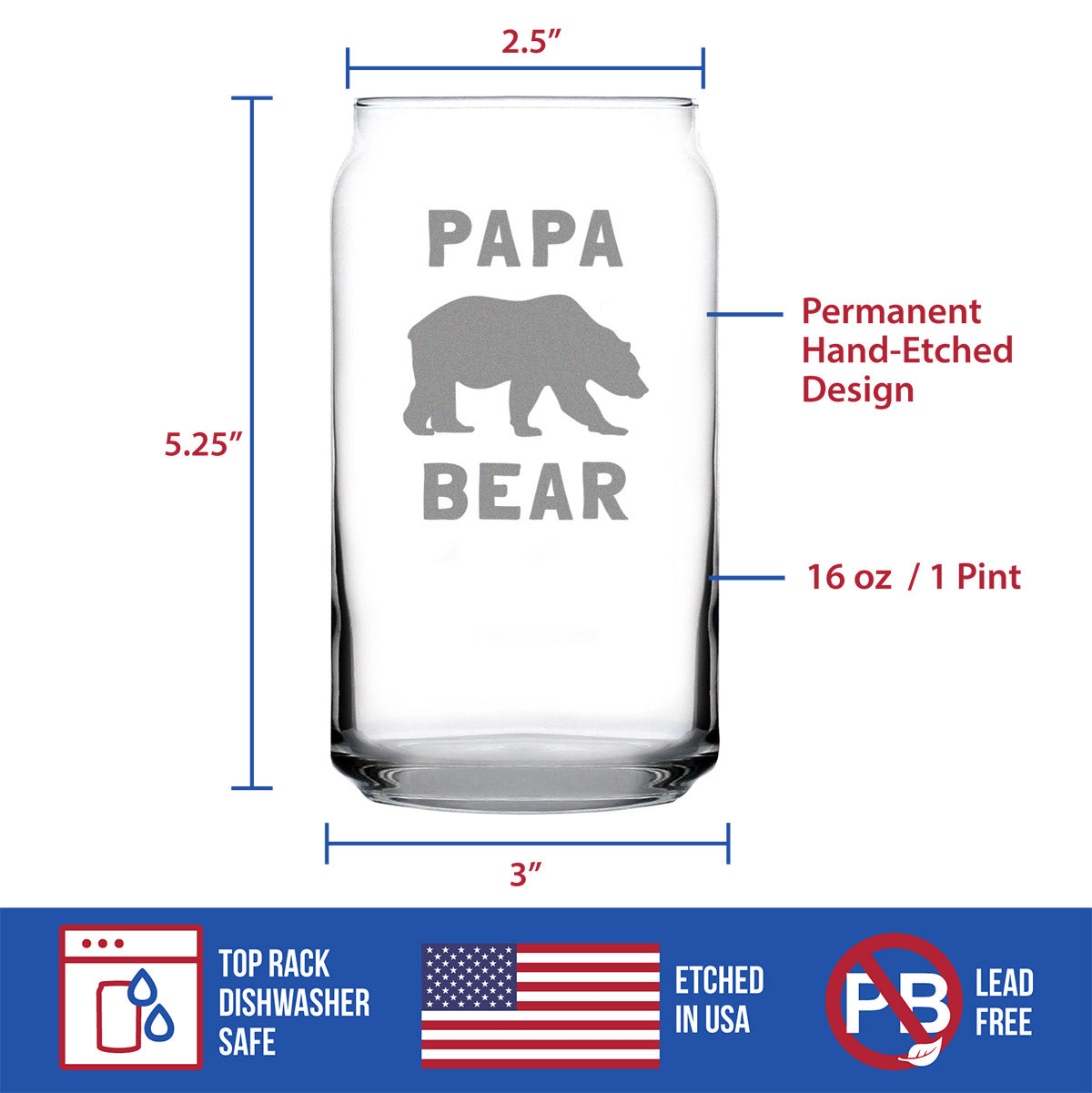 Papa Bear Beer Can Pint Glass - Cute Funny Dad Gift Ideas for Father&#39;s Day or Birthday - 16 Oz Glasses
