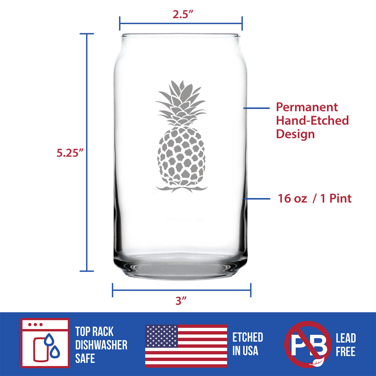 Pineapple Beer Can Pint Glass - Fun Tropical Themed Decor and Gifts - 16 oz Glasses