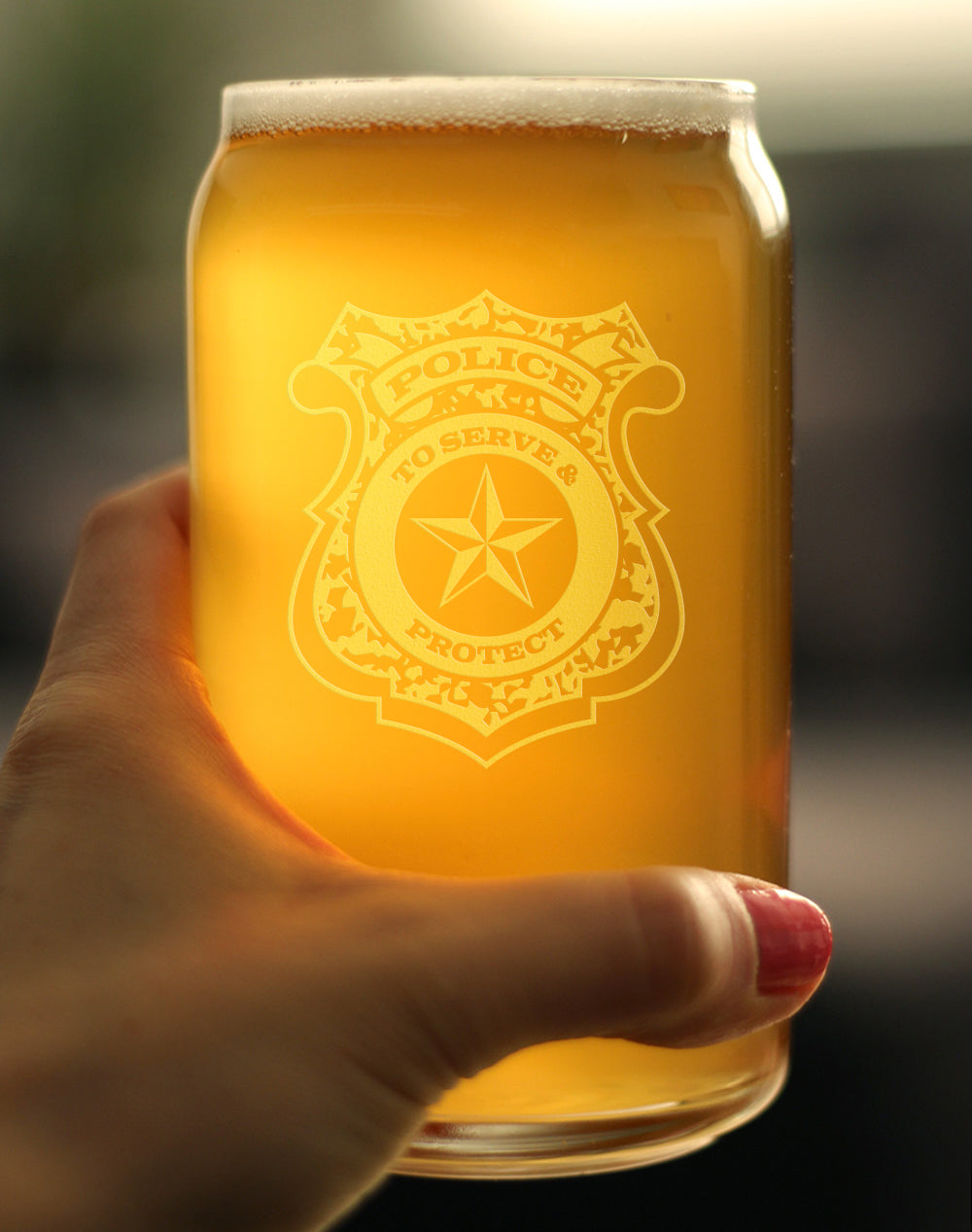 Police Badge Engraved Beer Can Pint Glass, Unique Gifts for Police Officers, Law Enforcement Gift