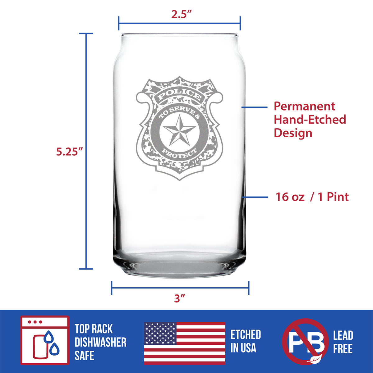 Police Badge Engraved Beer Can Pint Glass, Unique Gifts for Police Officers, Law Enforcement Gift