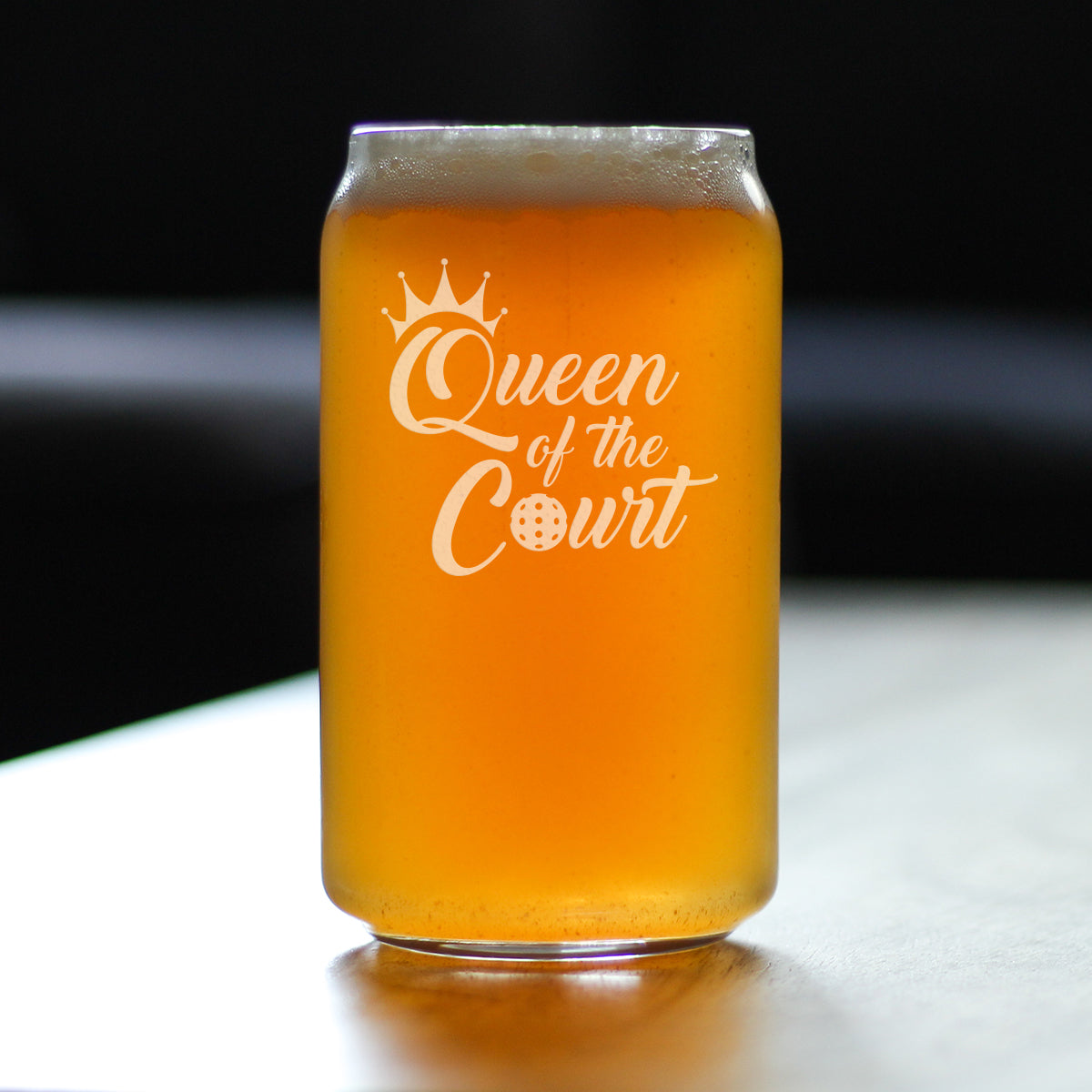 Queen of the Court - Beer Can Pint Glass - Funny Pickleball Themed Decor and Gifts - 16 oz Glasses