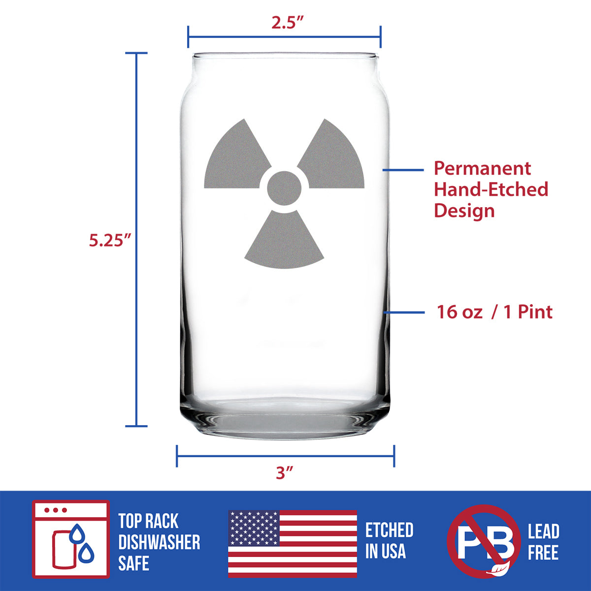 Radiation Symbol Beer Can Shaped Pint Glass - Unique Engraved Gifts for Medical Professionals, Nurses &amp; Radiologists