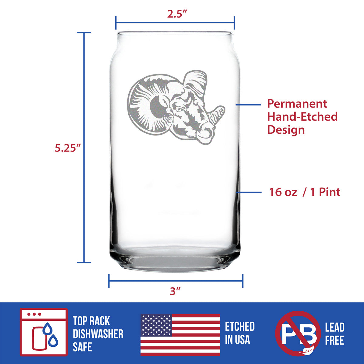 Ram Face Beer Can Pint Glass - Bighorn Sheep Themed Decor and Gifts for Rocky Mountain Animal Lovers - 16 Oz Glasses
