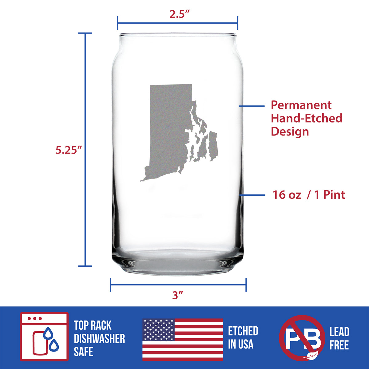 Rhode Island State Outline Beer Can Pint Glass - State Themed Drinking Decor and Gifts for Rhode Islander Women &amp; Men - 16 Oz Glasses