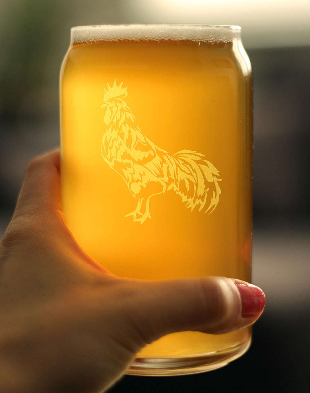 Rooster - Cute Funny Beer Can Pint Glass, Etched Sayings - Cute Farmhouse Décor Gifts for Lovers of Roosters, Chickens, and Beer