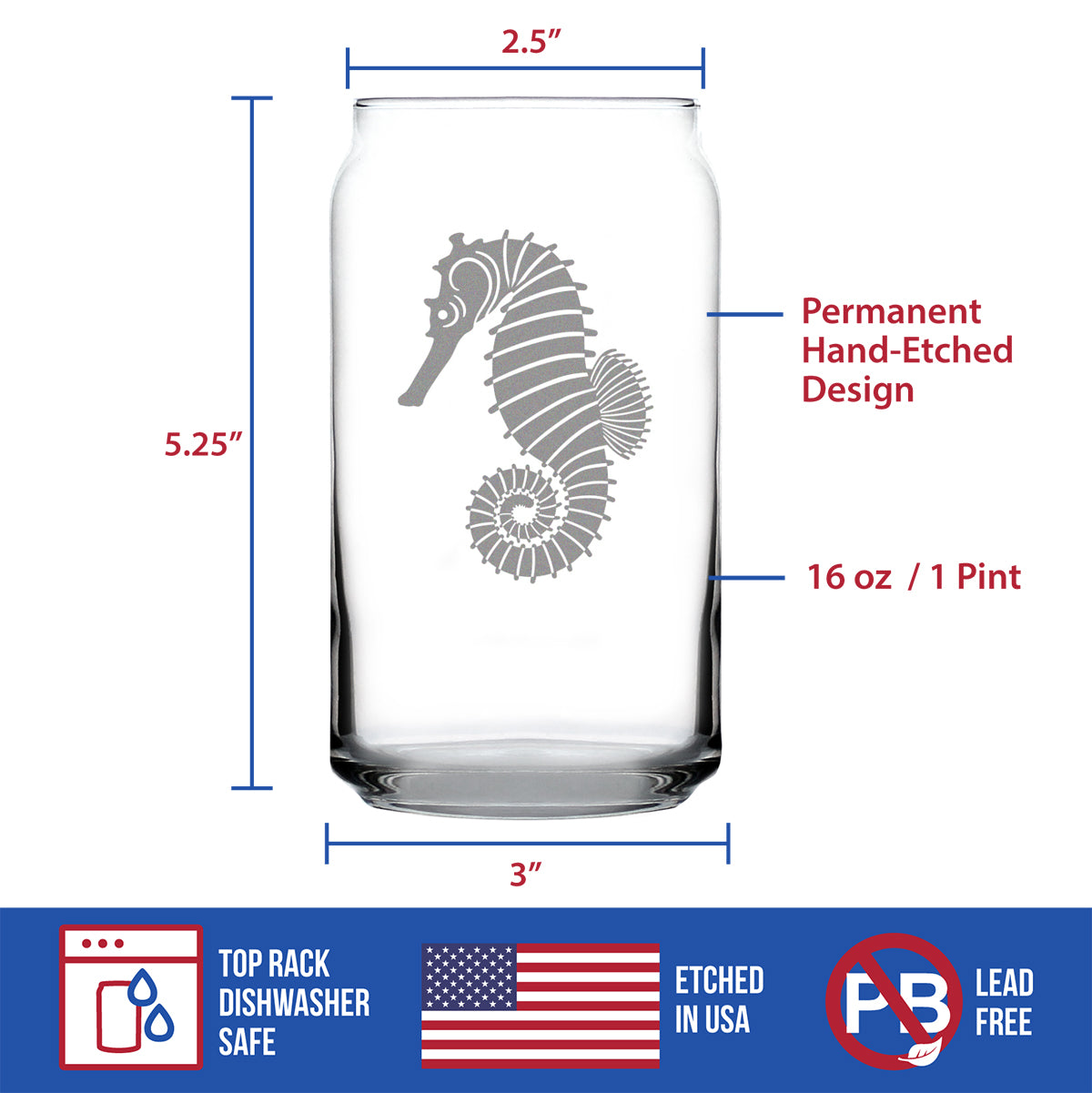 Seahorse Beer Can Pint Glass - Unique Beachy Summer Gifts and Beach House Decor - 16 Oz Glasses