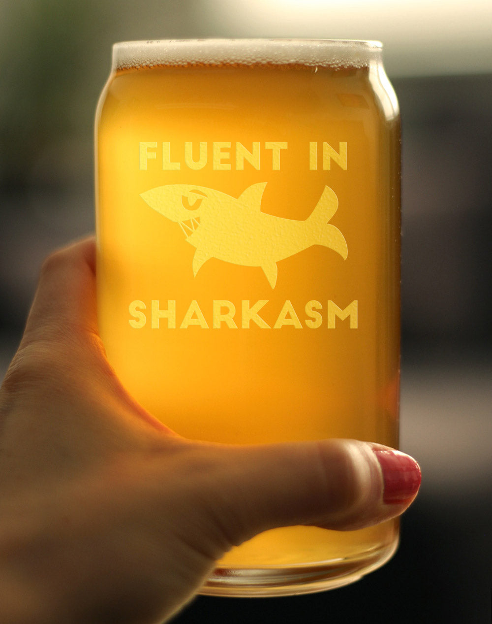 Fluent in Sharkasm - Funny Shark Beer Can Pint Glass Gifts for Men &amp; Women - Fun Unique Sharks Decor