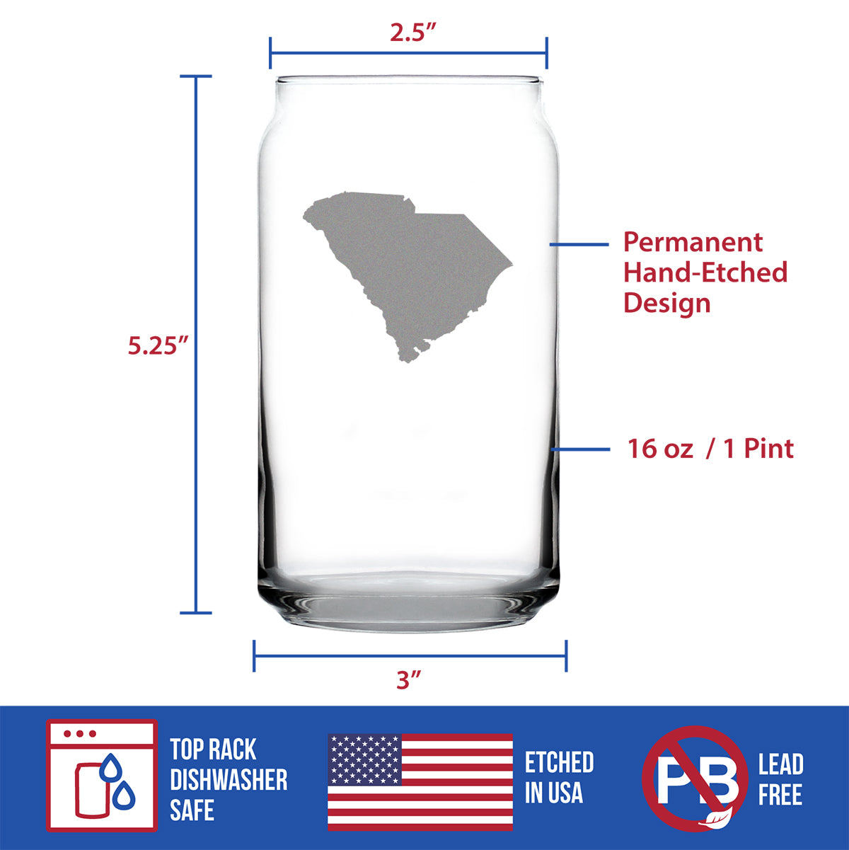 South Carolina State Outline Beer Can Pint Glass - State Themed Drinking Decor and Gifts for South Carolinian Women & Men - 16 Oz Glasses