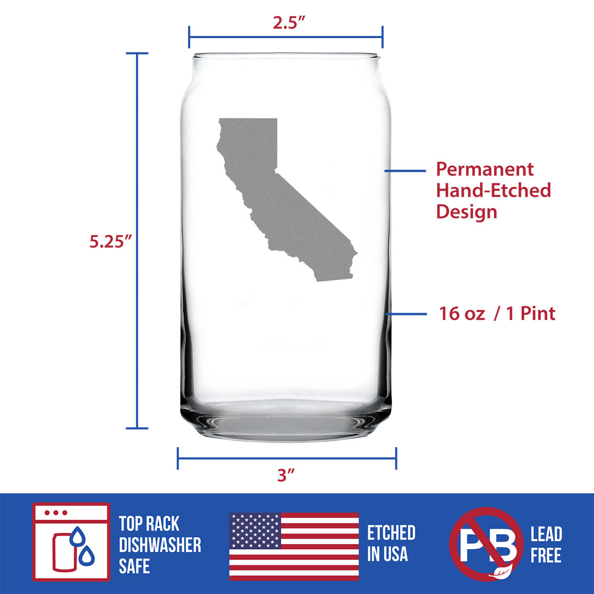 California State Outline Beer Can Pint Glass - State Themed Drinking Decor and Gifts for Californian Women &amp; Men - 16 Oz Glasses