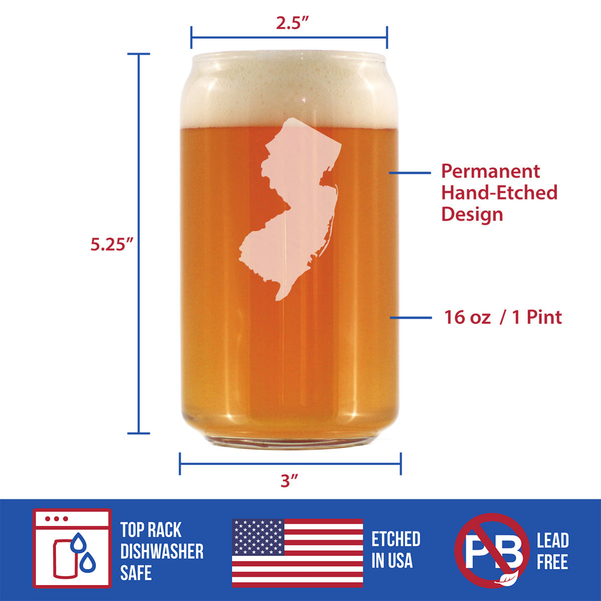 New Jersey State Outline Beer Can Pint Glass - State Themed Drinking Decor and Gifts for New Jerseyan Women &amp; Men - 16 Oz Glasses
