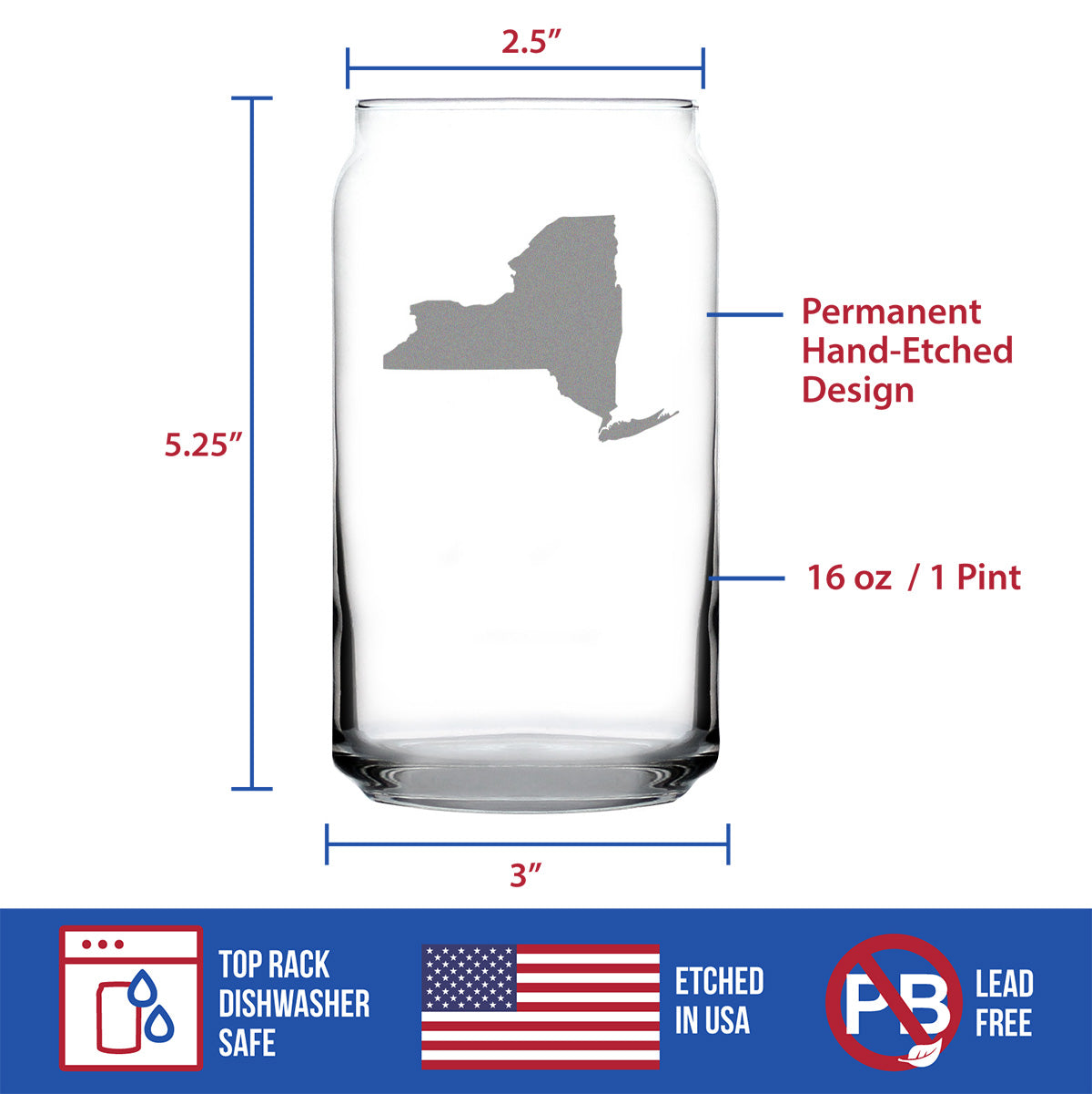 New York State Outline Beer Can Pint Glass - State Themed Drinking Decor and Gifts for New Yorker Women &amp; Men - 16 Oz Glasses