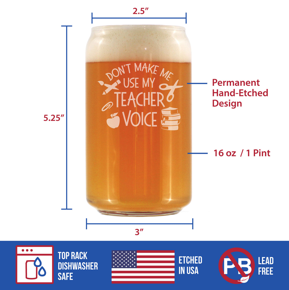 Teacher Voice - Beer Can Pint Glass - Cute Funny Teacher Gifts for Women &amp; Men - Fun Teacher Decor - 16 oz Glasses