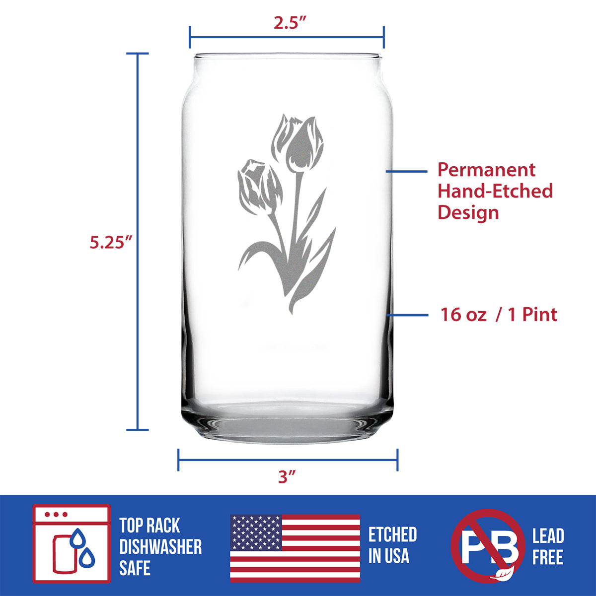 Tulip Beer Can Pint Glass - Floral Themed Decor and Gifts for Flower Lovers - 16 oz Glasses