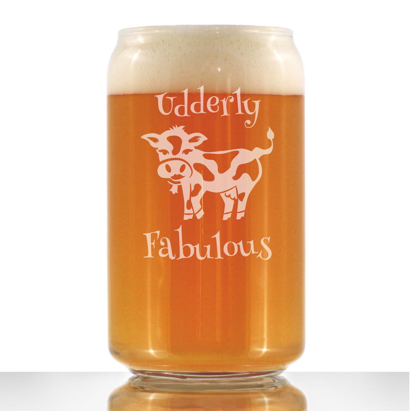 Udderly Fabulous - Beer Can Pint Glass - Funny Cow Gifts for Men & Women - Fun Cow Themed Décor - 16 oz